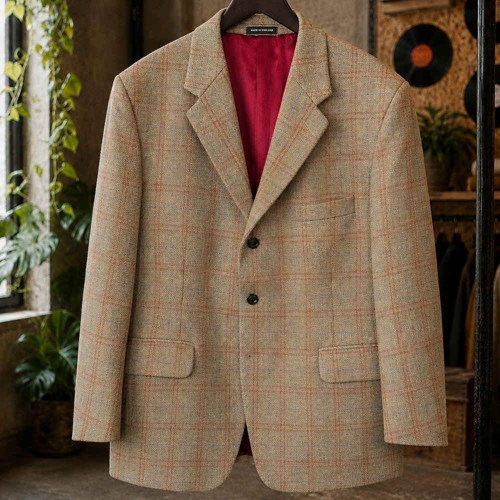 Huddersfield Fine Worsteds Plaid Blazer Sport Coat Made in England Tan 42R